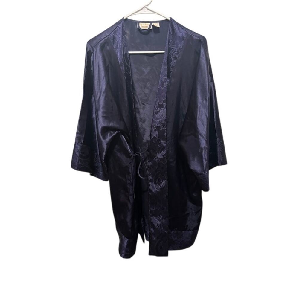 Vintage Victoria Secret Short Robe Kimono Gold Label one size with tie navy blue